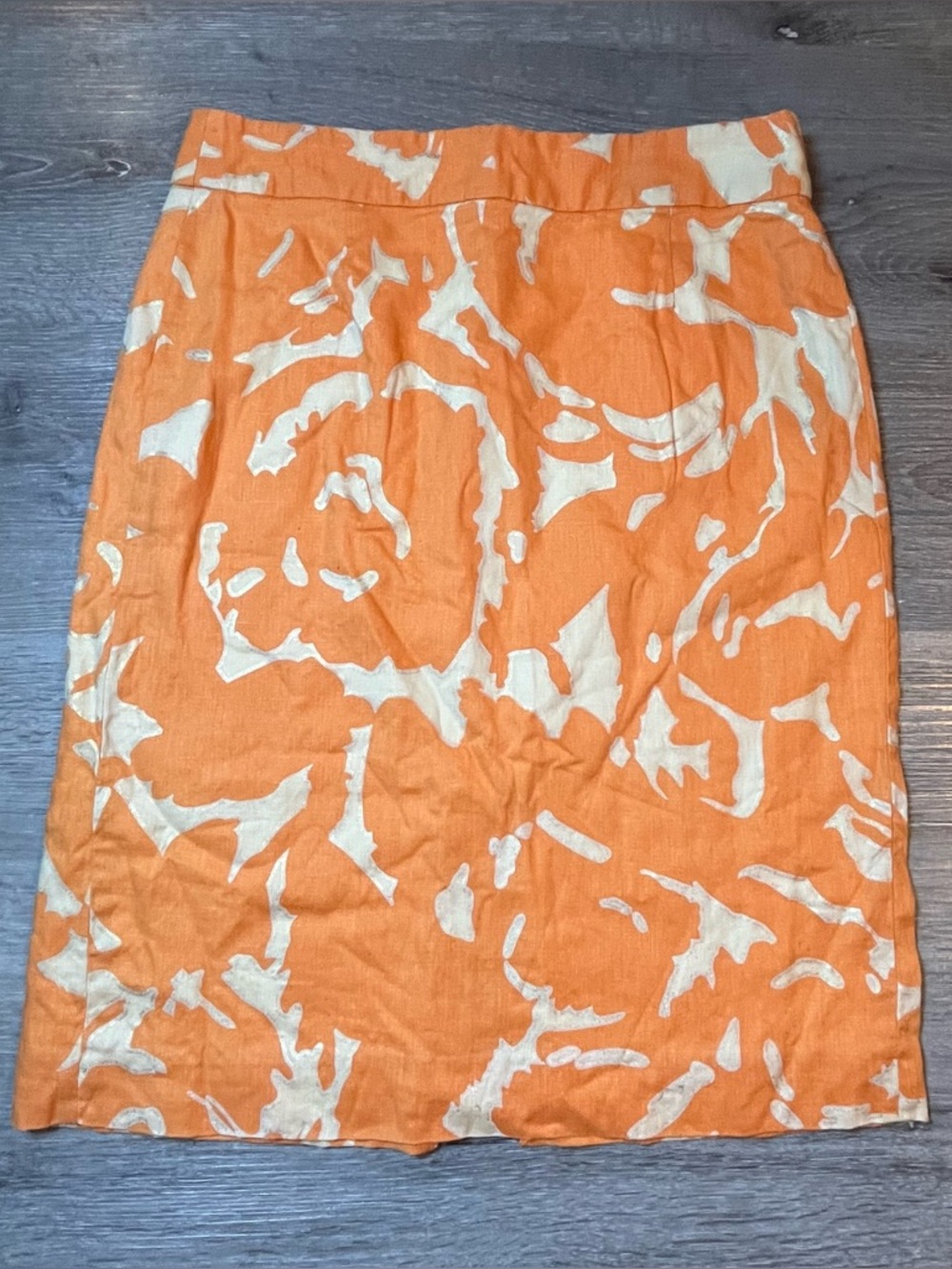 J. Crew Orange and Metallic Gold 100% Linen Abstract Print Pencil Skirt Size 4